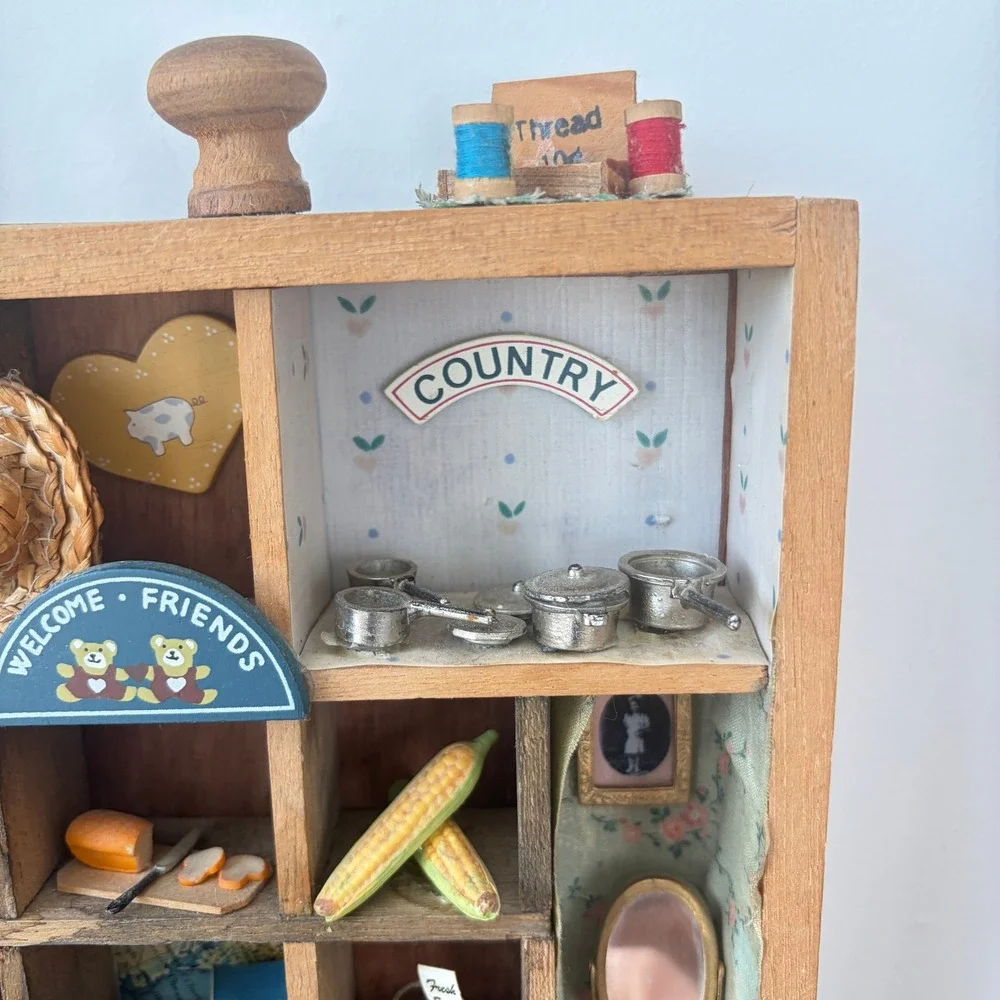 Vintage Wooden Shadow Box Miniature Country Kitchen Diorama Wall Hanging 8.5x7in